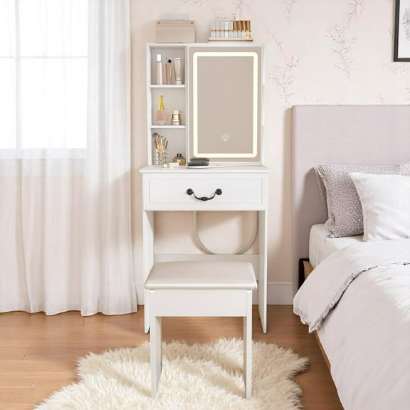 JESTOP 23.63" Small Size Vanity Desk with Brightness Adjust LED Mirror and Cushioned Stool