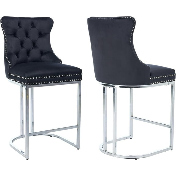JESTOP 25" Counter Height Bar Stools Set of 2, Modern Velvet Barstools with Chrome Metal Legs and Tufted Back, Upholstered Island Chairs for Kitchen Island, Pub, Cafe, Beige