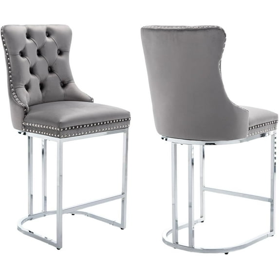 JESTOP 25" Counter Height Bar Stools Set of 2, Modern Velvet Barstools with Chrome Metal Legs and Tufted Back, Upholstered Island Chairs for Kitchen Island, Pub, Cafe, Beige