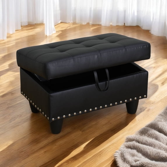 "JESTOP Faux Leather Storage Ottoman Bench, Rectangle Upholstered Footstool with Storage, 28""x19""x17"""