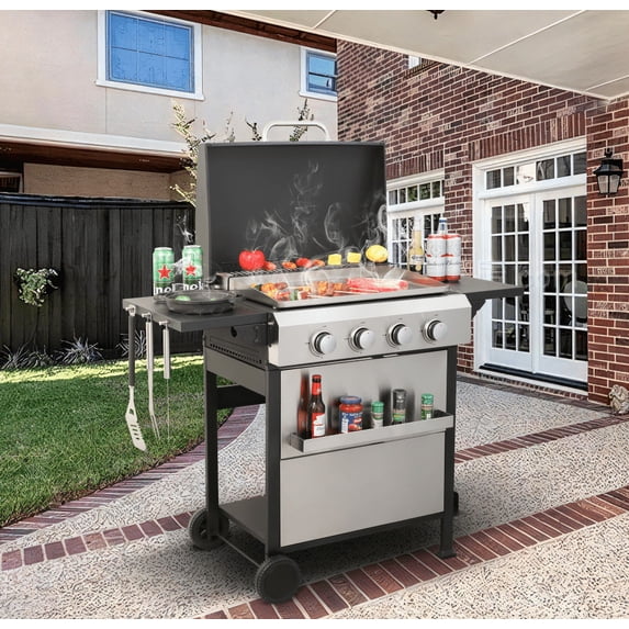 JESTOP 4-Burner Propane Gas Grill with 2 Foldable Side Tables, 49,200 BTU Outdoor BBQ Grill with Porcelain-Enameled Flame Tamers, Built-in Thermometer, Easy Assembly for Patio, Backyard BBQ