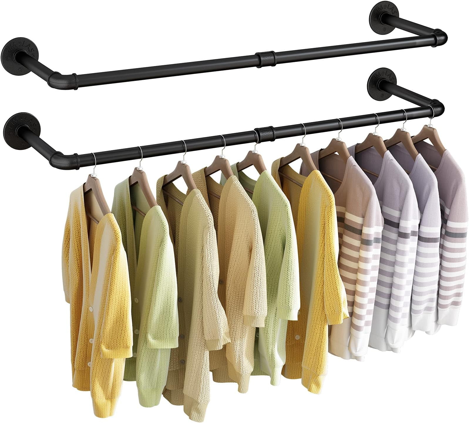 2 Pack Industrial Pipe 41.7'' L Clothes Rack, Wall Mounted Heavy Duty Metal Retro Garment Display Hanging Rod Bar