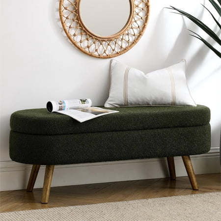 JESTOP Oval Storage Ottoman Bench, Linen Ottoman Boucle Ottoman with Wood Legs, Modern End of Bed Storage Bench, Foot Rest Stool with Storage, 43.5"x 16"x16"