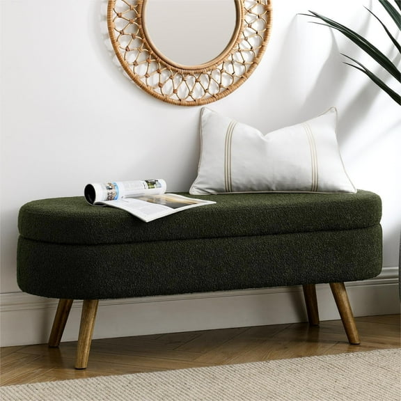 JESTOP Oval Storage Ottoman Bench, Linen Ottoman Boucle Ottoman with Wood Legs, Modern End of Bed Storage Bench, Foot Rest Stool with Storage, 43.5"x 16"x16"