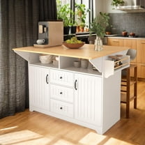 JESTOP 55.7" Large Kitchen Cart Island on Wheels Foldable Dining Table with 2 Drop Leaf, Power Outlet, 3 Drawers, Wood Storage Cabinet