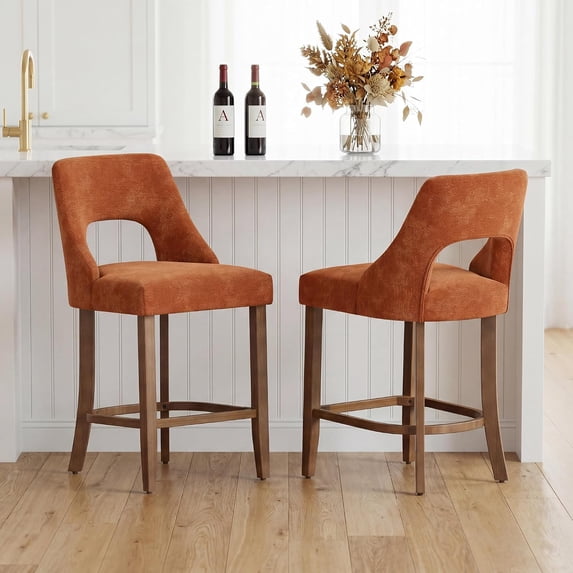JESTOP Bar Stools Set of 2, Upholstered Counter Height Bar Stools, Modern Counter Stools with Wood Legs for Kitchen Island Dining Room Bar, Orange