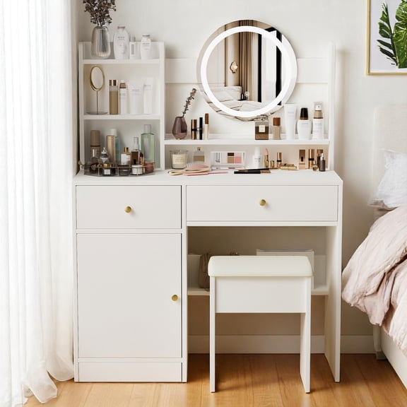 JESTOP Fashion Vanity Desk with Brightness Adjust LED Mirror and Cushioned Stool