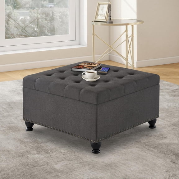 JESTOP Foot Rest Storage Ottoman with Wood Legs, Button Tufted Upholstered PU Leather Foot Stool Oversized Ottoman Foot Rest for Sofa Couch Indoor Outdoor