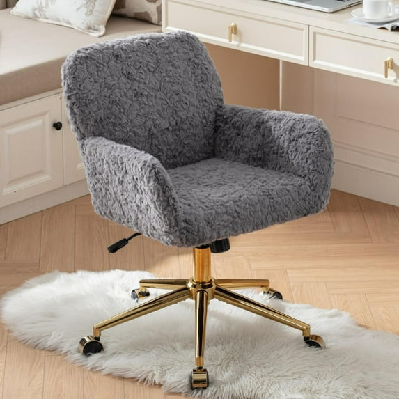JESTOP Furry Cute Office Chair, Modern Swivel Desk Chair with Wheels, Adjustable Makeup Vanity Chairs with Back, Upholstered Rolling Chairs for Vanity Makeup Room Study Indoor