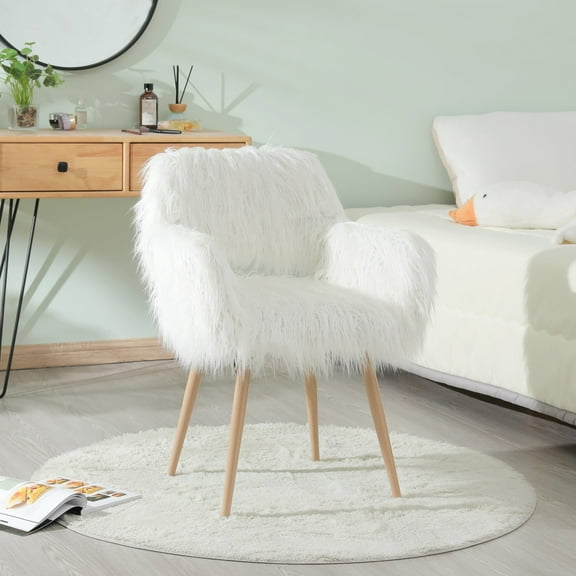 JESTOP Furry Desk Chair with Wood Legs, Furry Makeup Vanity Chair, Fluffy Accent Chair for Living Room, Bedroom, Dining Room