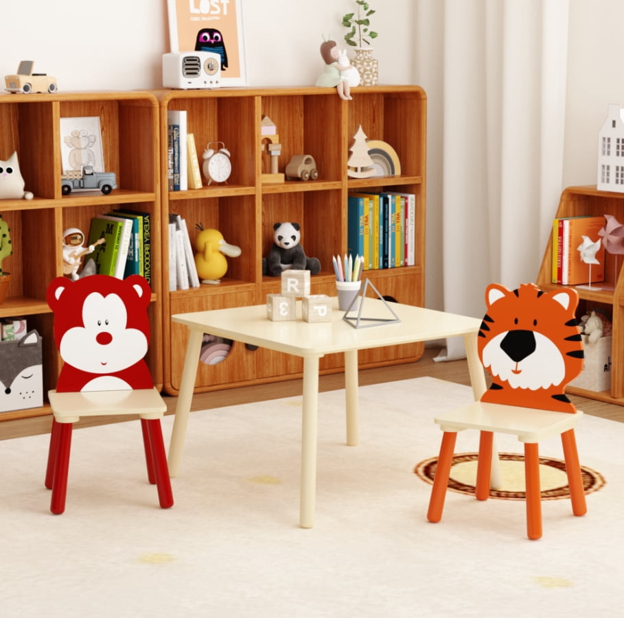 JESTOP Kids Table and Chair Set, Wooden Toddler Table Set with 2 Chairs, Children Adorably Animal Activity Table for Reading, Drawing, Eating, Studying, Parent-Child Interaction Activity Play