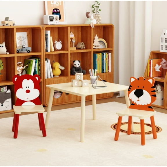 JESTOP Kids Table and Chair Set, Wooden Toddler Table Set with 2 Chairs, Children Adorably Animal Activity Table for Reading, Drawing, Eating, Studying, Parent-Child Interaction Activity Play