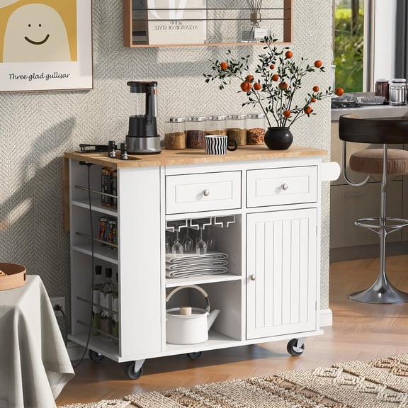 JESTOP Kitchen Island Cart with Power Outlet, Wood Drop-Leaf Top and Wine Rack, Rolling Mobile Kitchen Island on 5 Wheels with Adjustable Shelves, Storage Cabinet, and Drawers, 39.8 Inch Width