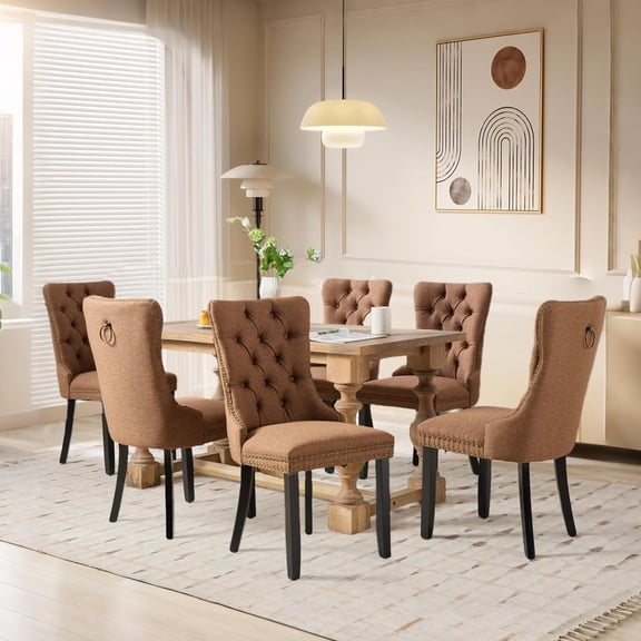 JESTOP Linen Fabric Dining Chair Set of 8, Upholstered Tufted Dining Room Chair with Nailhead Trim and Solid Light Color Wood Leg for Kitchen (Coffee)