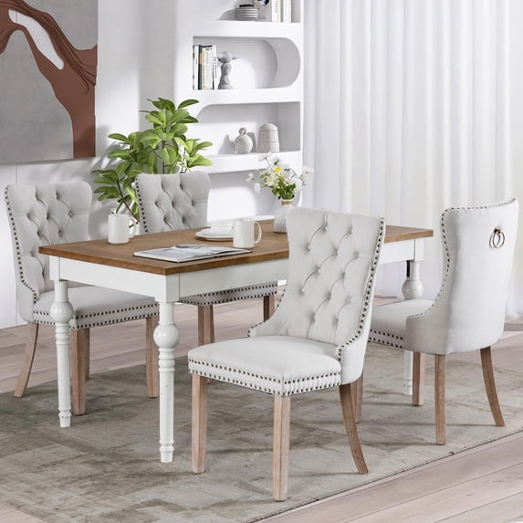 JESTOP Linen Fabric Dining Chair Set of 4, Upholstered Tufted Dining Room Chair with Nailhead Trim and Solid Light Color Wood Leg for Kitchen (Beige)