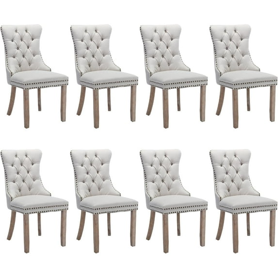 JESTOP Linen Fabric Dining Chair Set of 8, Upholstered Tufted Dining Room Chair with Nailhead Trim and Solid Light Color Wood Leg for Kitchen (Beige)