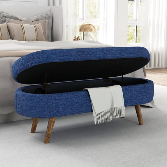 JESTOP Oval Storage Ottoman Bench, Linen Ottoman Boucle Ottoman with Wood Legs, Modern End of Bed Storage Bench, Foot Rest Stool with Storage, 43.5"x 16"x16"