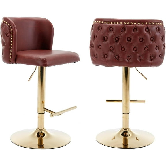 JESTOP PU Leather Swivel Bar Stools Set of 2, Adjustable Height Counter Stool Button Tufted Wingback Dining Barstool Chairs with Metal Leg Nailhead Trim for Kitchen Pub