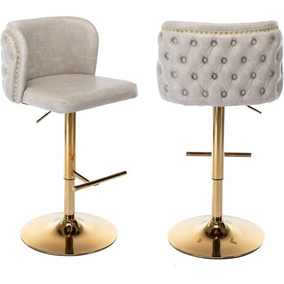 JESTOP PU Leather Swivel Bar Stools Set of 2, Adjustable Height Counter Stool Button Tufted Wingback Dining Barstool Chairs with Metal Leg Nailhead Trim for Kitchen Pub