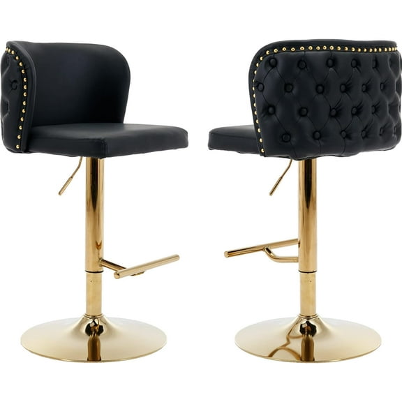 JESTOP PU Leather Swivel Bar Stools Set of 2, Adjustable Height Counter Stool Button Tufted Wingback Dining Barstool Chairs with Metal Leg Nailhead Trim for Kitchen Pub