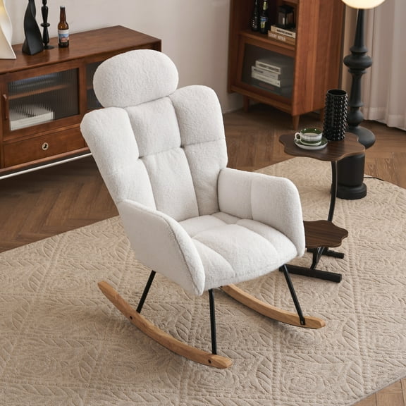 JESTOP Rocking Chair Nursery, Upholstered Reading Glider Rocker Accent Armchair with High Backrest Rocker Recliner Chair for Adult Living Room Bedroom, Teddy Ivory