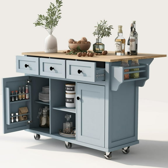 JESTOP Rolling Kitchen Island with 3 Drawers and 2 Cabinets, Kitchen Cart on Wheels with Drop Leaf, Wood Portable Trolley Island with Cabinet Door Storage Racks, for Dinning Room