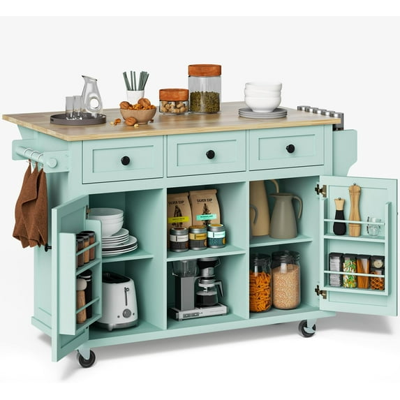 JESTOP Rolling Kitchen Island with 3 Drawers and 2 Cabinets, Kitchen Cart on Wheels with Drop Leaf, Wood Portable Trolley Island with Cabinet Door Storage Racks, for Dinning Room