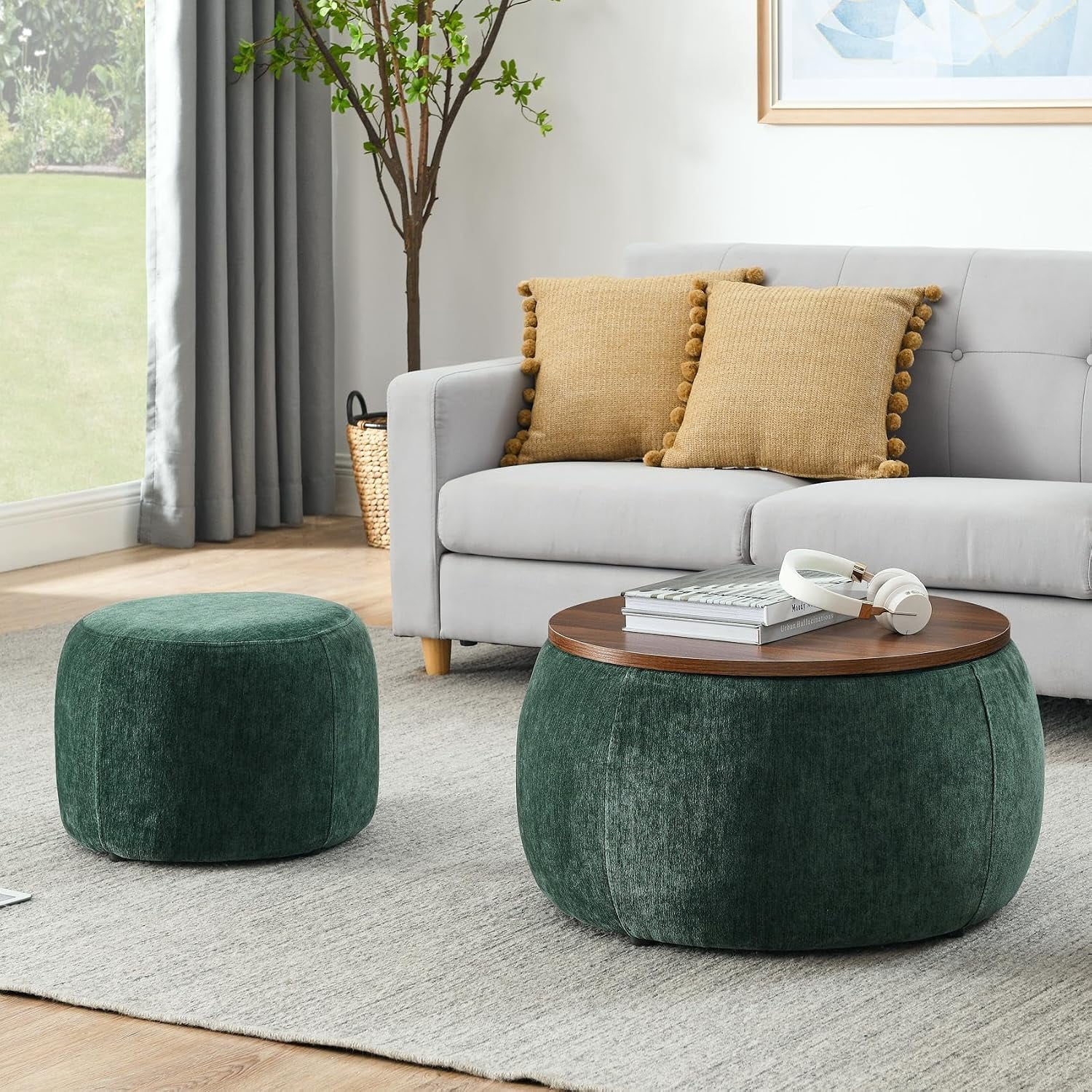 JESTOP Round 2-in-1 Storage Coffee Table Ottoman with Woven Rattan ...