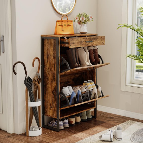 JESTOP Shoe Cabinet Storage with Flip Drawers for Entryway, Shoe Organizers, Freestanding Large Shoe Rack with Adjustable Shelves, Rustic Brown