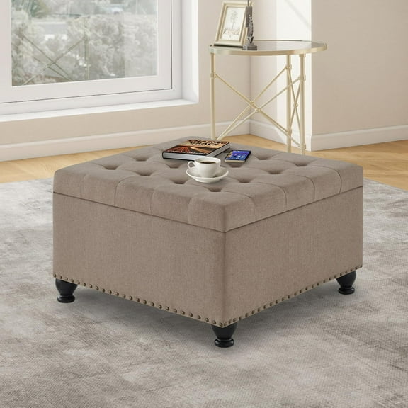 JESTOP Square Storage Ottoman Bench, Botton Tufted Upholstered Coffee Table with Wooden Legs, Oversized Storage Ottomans Toy Box Footrest for Living Room, Apartment, 30"x30"x18"
