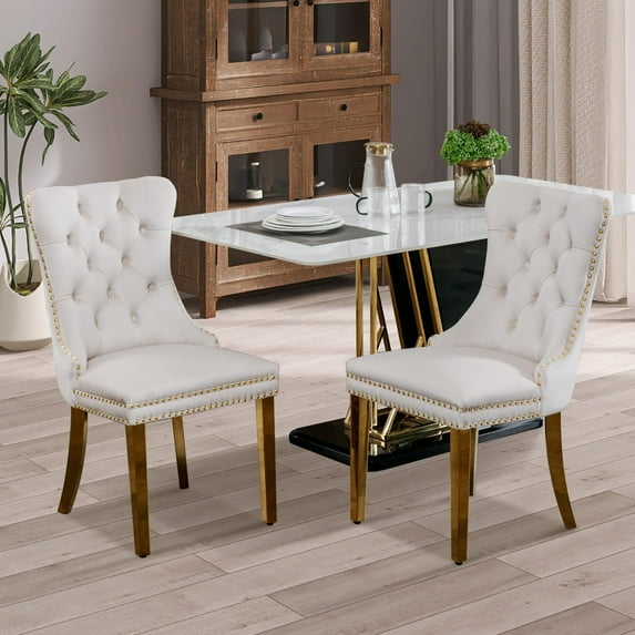 JESTOP Velvet Dining Chair Set of 2, Upholstered Tufted Dining Room Chair with Nailhead Trim, Solid Gold Plated Leg for Kitchen (Beige)