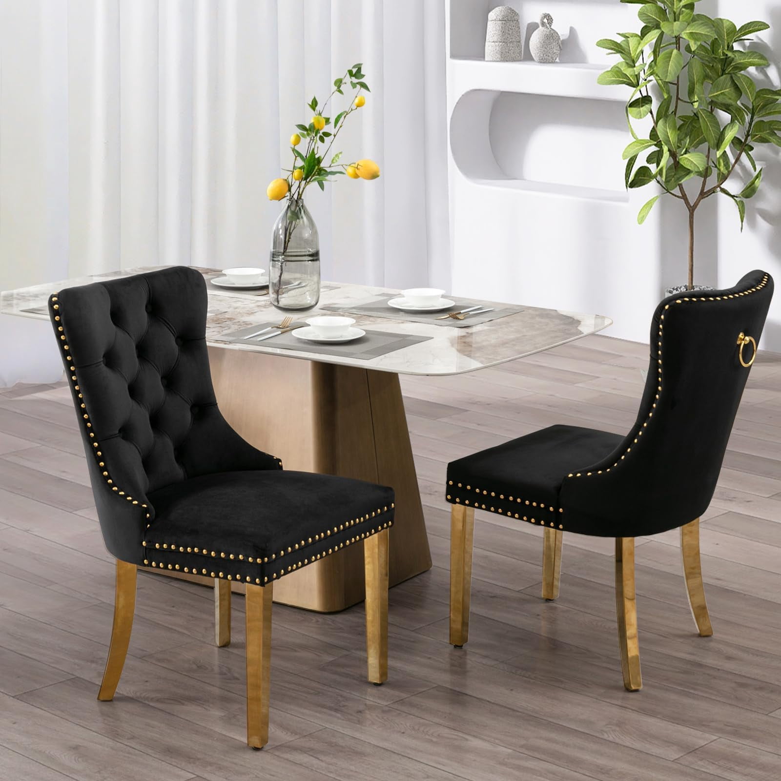 JESTOP Velvet Dining Chair Set of 2, Upholstered Tufted Dining Room Chair with Nailhead Trim and Solid Gold Plated Leg for Kitchen (Black)