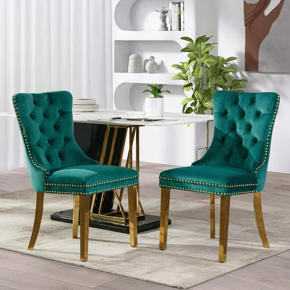 JESTOP Velvet Dining Chair Set of 2, Upholstered Tufted Dining Room Chair with Nailhead Trim and Solid Gold Plated Leg for Kitchen (Green)