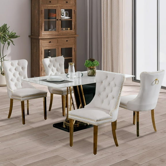 JESTOP Velvet Dining Chair Set of 4, Upholstered Tufted Dining Room Chair with Nailhead Trim, Solid Gold Plated Leg for Kitchen (Beige)