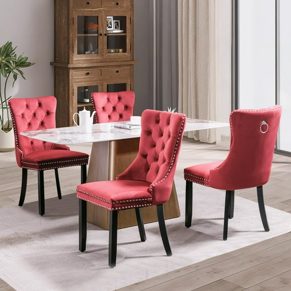 JESTOP Velvet Dining Chair Set of 4, Upholstered Tufted Dining Room Chair with Nailhead Trim and Solid Wood Leg for Kitchen (Wine Red)