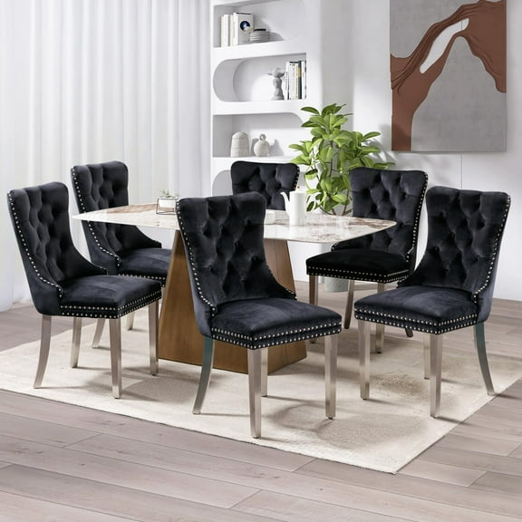 JESTOP Velvet Dining Chair Set of 6, Upholstered Tufted Dining Room Chair with Nailhead Trim, Solid Silver Plated Leg for Kitchen (Black)