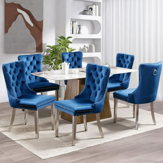 JESTOP Velvet Dining Chair Set of 6, Upholstered Tufted Dining Room Chair with Nailhead Trim, Solid Silver Plated Leg for Kitchen(Blue)