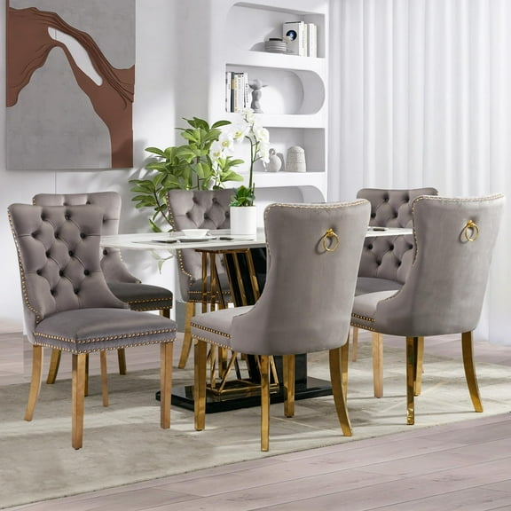 JESTOP Velvet Dining Chair Set of 8, Upholstered Tufted Dining Room Chair with Nailhead Trim and Solid Gold Plated Leg for Kitchen(Grey)