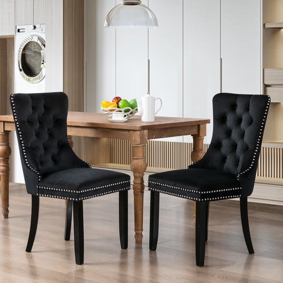 JESTOP Velvet Dining Chairs Set of 2, Tall Back Side Chair, Modern Upholstered High-end Tufted Side Chair with Button Back Ring, Solid Wood Legs (Black)