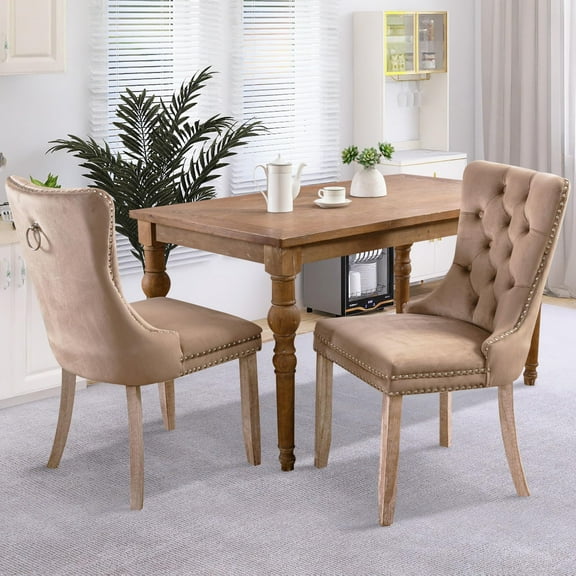 JESTOP Velvet Dining Chairs Set of 2, Tall Back Side Chair, Modern Upholstered High-end Tufted Side Chair with Button Back Ring, Solid Wood Legs (Khaki)