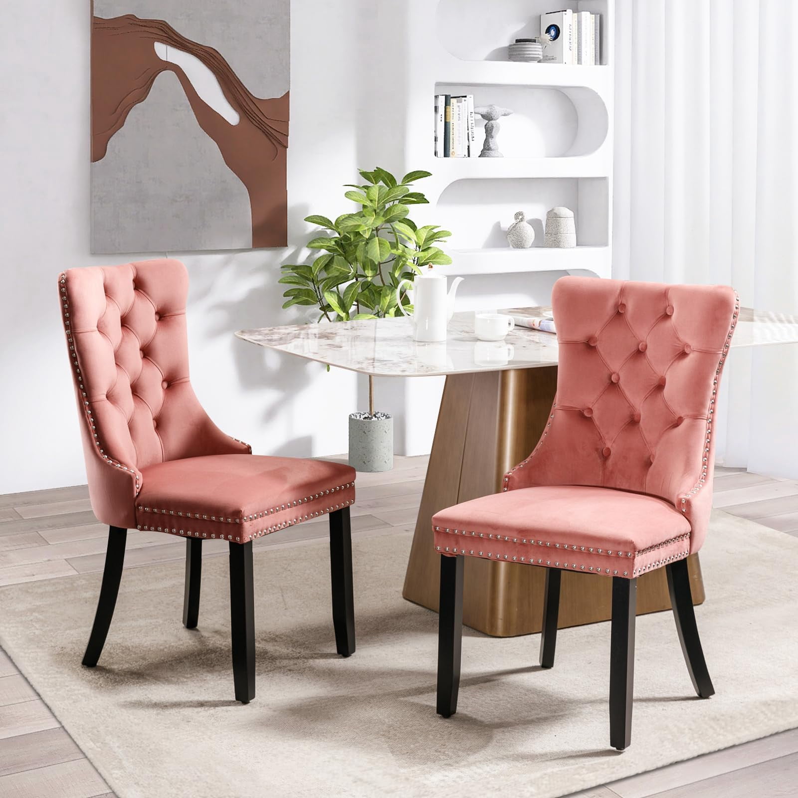 JESTOP Velvet Dining Chairs Set of 2, Tall Back Side Chair, Modern Upholstered High-end Tufted Side Chair with Button Back Ring, Solid Wood Legs (Pink)