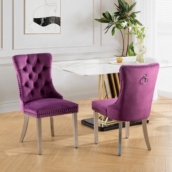 JESTOP Velvet Dining Chairs Set of 2, Tall Back Side Chair, Modern Upholstered Side Chair with Button Back Ring, Silver Plated Stainless Steel Legs (Purple)