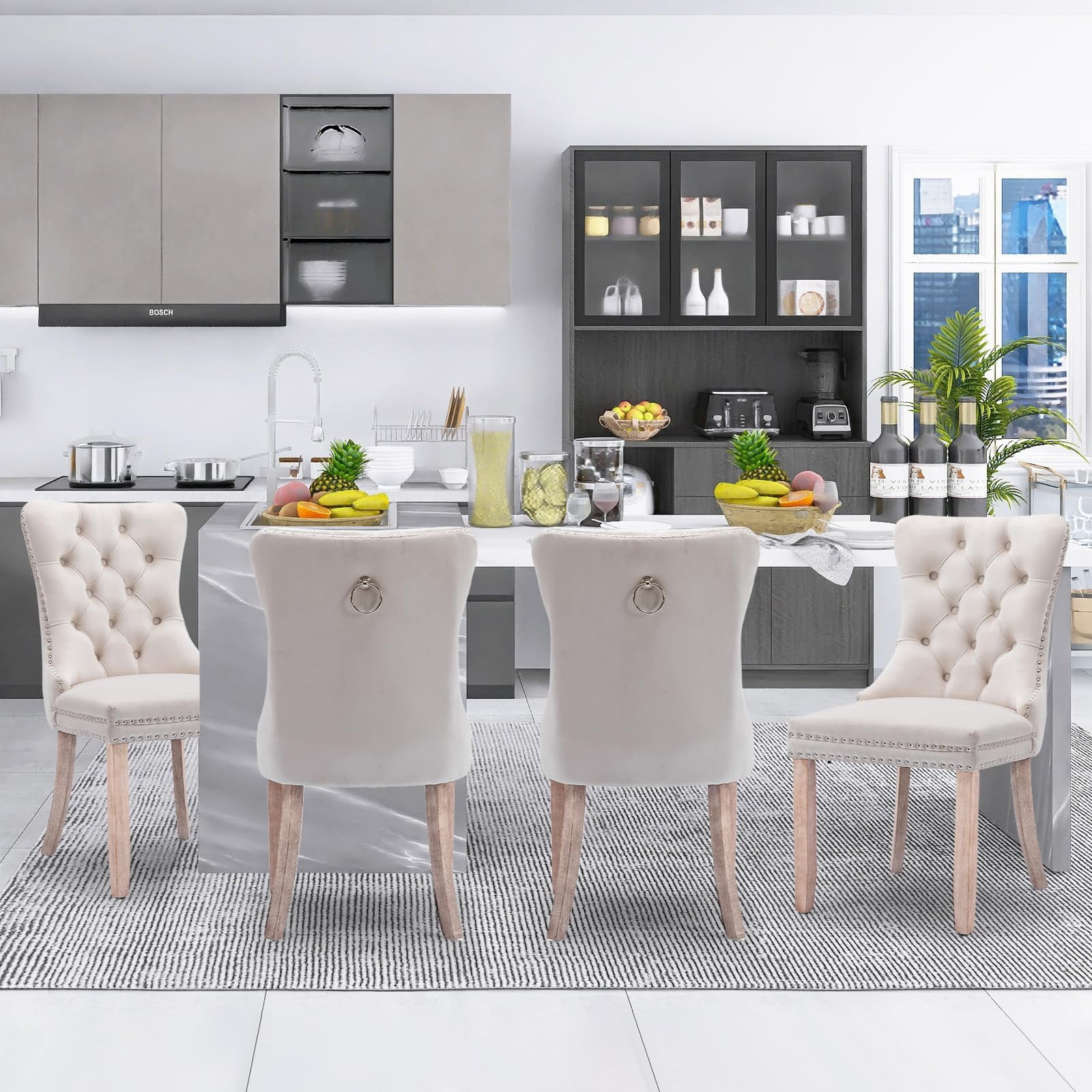 JESTOP Velvet Dining Chairs Set of 4, Tall Back Side Chair, Modern Upholstered High-end Tufted Side Chair with Button Back Ring, Solid Wood Legs (Beige)