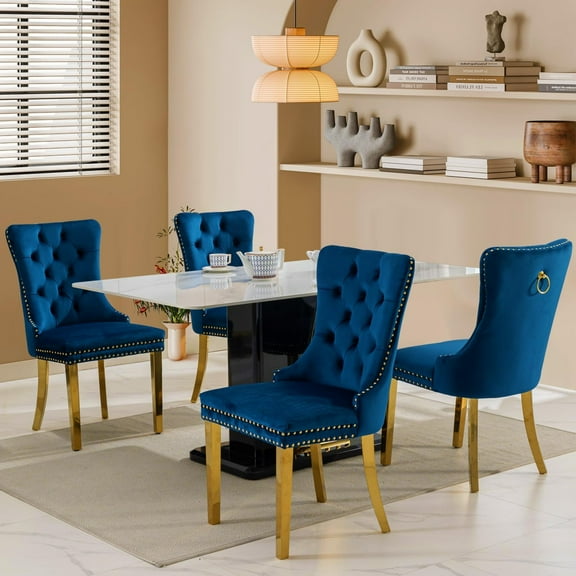 JESTOP Velvet Dining Chairs Set of 4, Tall Back Side Chair, Modern Upholstered Side Chair with Button Back Ring, Gold Plated Stainless Steel Legs (Blue)