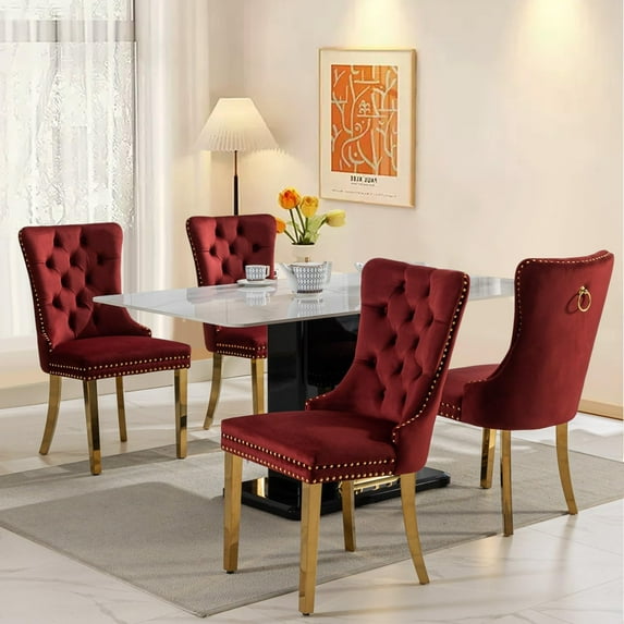 JESTOP Velvet Dining Chairs Set of 4, Tall Back Side Chair, Modern Upholstered Side Chair with Button Back Ring, Gold Plated Stainless Steel Legs (Red)