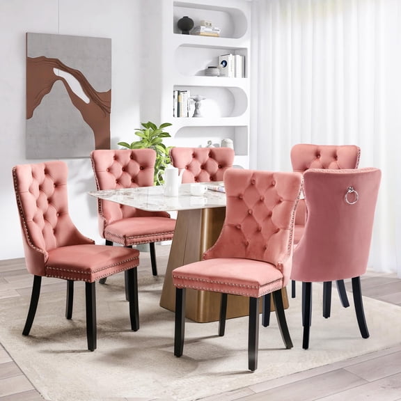 JESTOP Velvet Dining Chairs Set of 6, Tall Back Side Chair, Modern Upholstered High-end Tufted Side Chair with Button Back Ring, Solid Wood Legs (Pink)