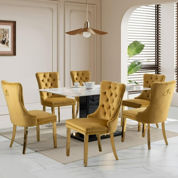 JESTOP Velvet Dining Chairs Set of 6, Tall Back Side Chair, Modern Upholstered Side Chair with Button Back Ring, Gold Plated Stainless Steel Legs (Gold)