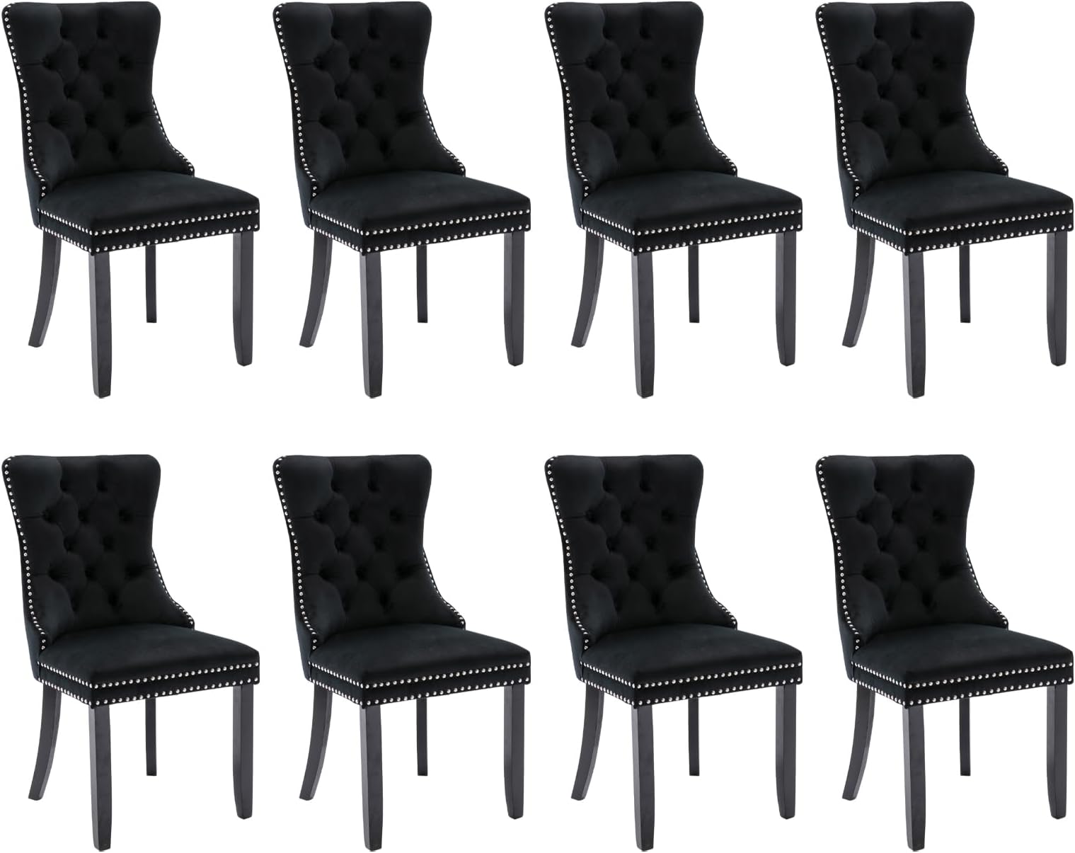 JESTOP Velvet Dining Chairs Set of 8, Tall Back Side Chair, Modern Upholstered High-end Tufted Side Chair with Button Back Ring, Solid Wood Legs (Black)