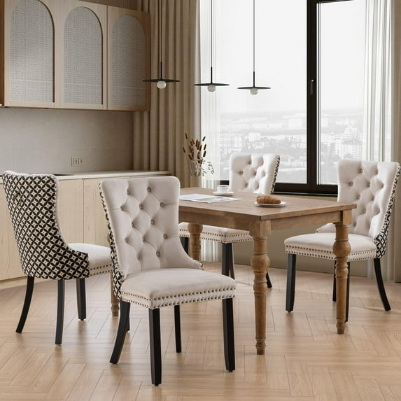 JESTOP Velvet Dining Chairs Set of 4, Tall Back Side Chair, Modern Upholstered Side Chair with Button Back Ring, Solid Wood Legs (White&Plaid)