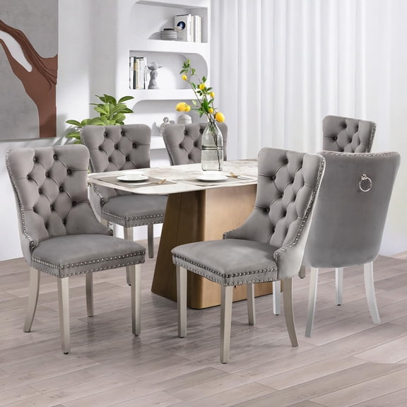 JESTOP Velvet Dining Chairs Set of 6, Tall Back Side Chair, Modern Upholstered High-end Tufted Side Chair with Button Back Ring, Silver Legs (Grey)